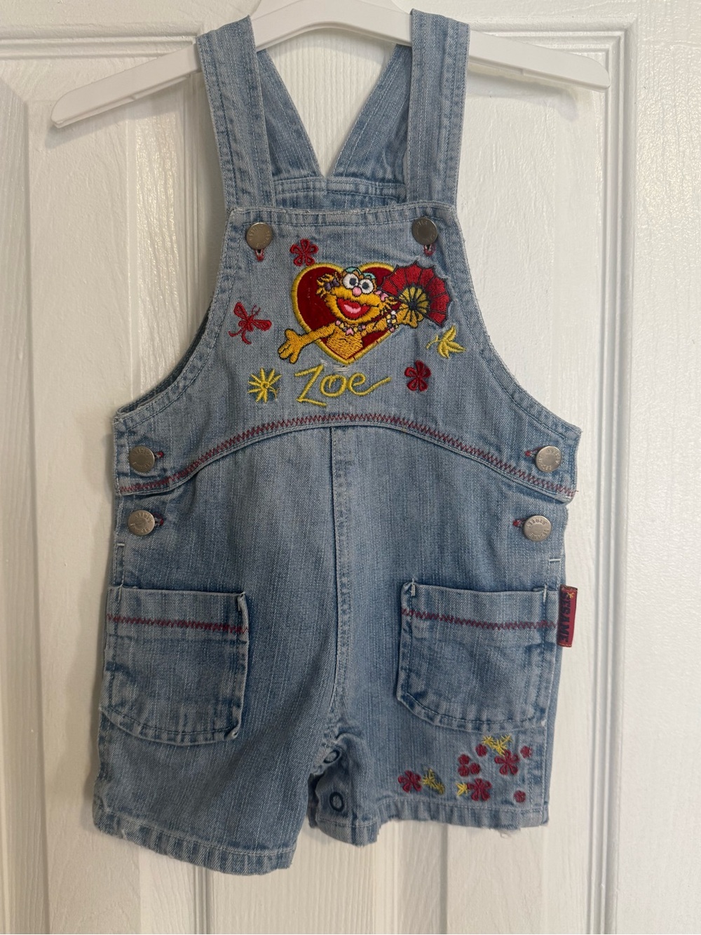 Vintage 2004 Sesame Street Zoe Denim Shortalls Overalls 6-9 M
